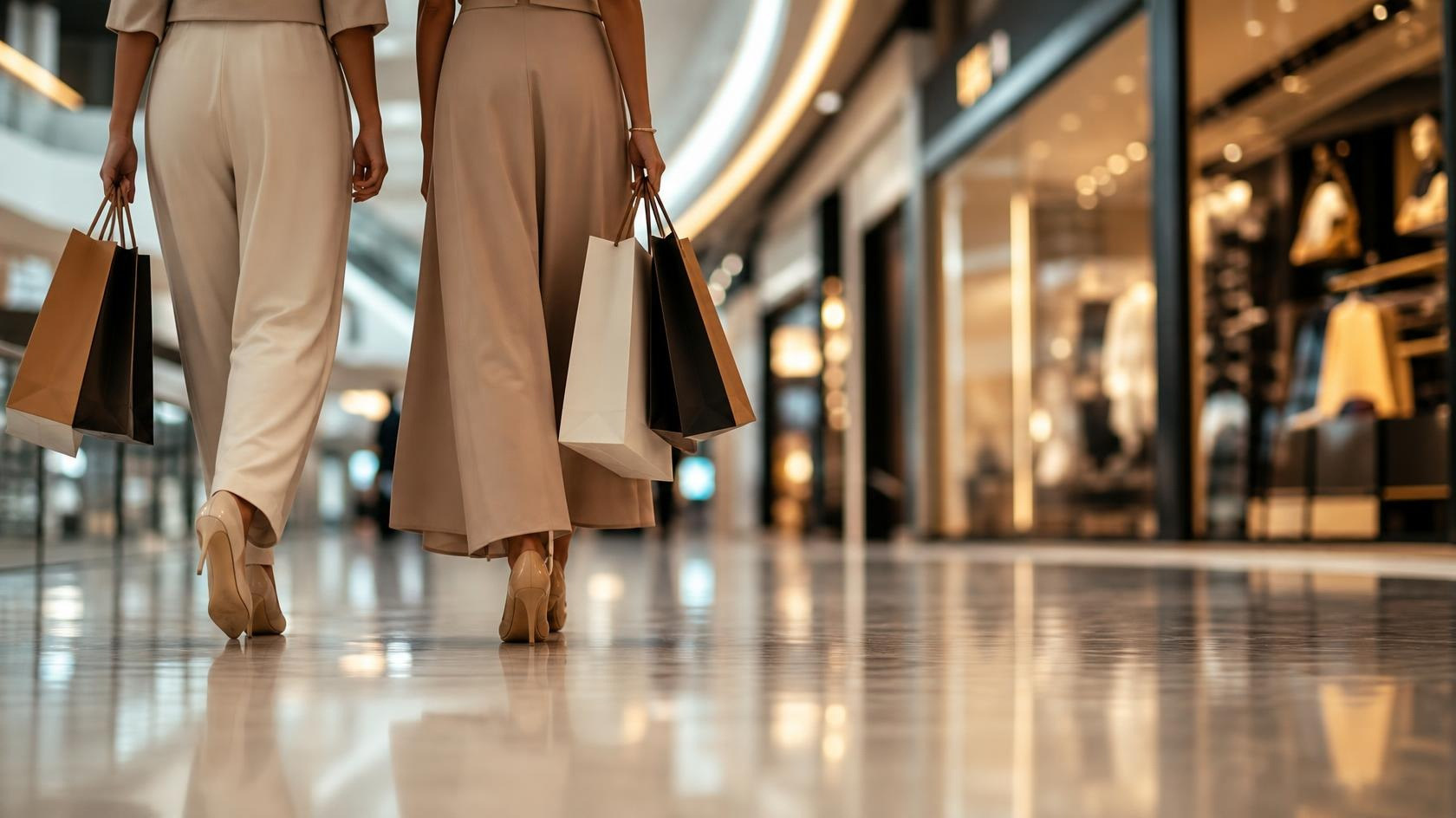 Dos mujeres con bolsas de compras caminando por un centro comercial