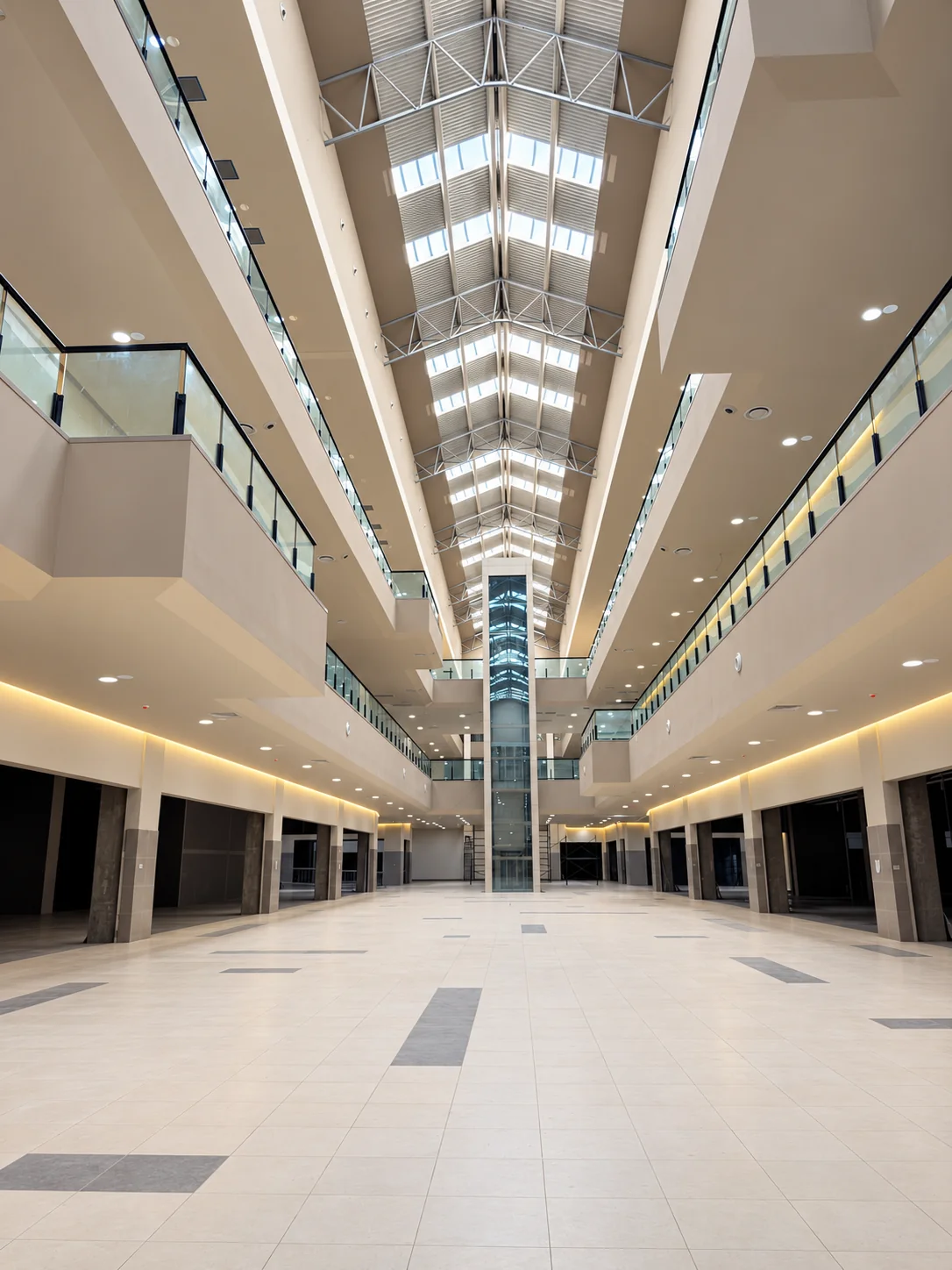 Interior real del centro comercial con tragaluces y corredor central